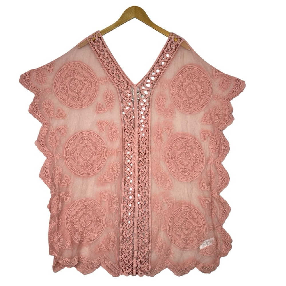 Rachel Zoe Lace‎ Kimono Top One Size Pink Boho Sheer Crochet Medallion Festival